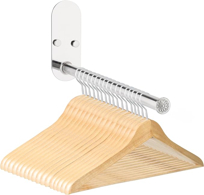 Stainless Steel Clothes Hanger Storage Rack,Wall Mounted Clothes Hanger Organizer, Clothes Bar-Hanger Holder Hooks, Laundry Room Coat Hanger,Space Saving Adhesive OR Drilling Installation
