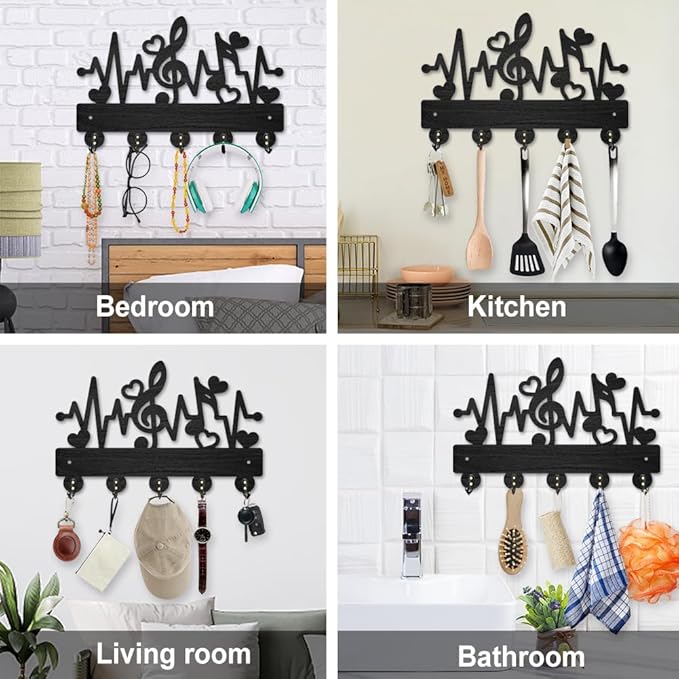 MAYJOYDIY Music Notes Wood Key Holder for Wall Love ECG Musical Wall Mounted Key Hooks 11.8×7.9inch Coat Hanger Rack with 5 Alloy Hooks for Entryway Front Door Kitchen Office Decoration