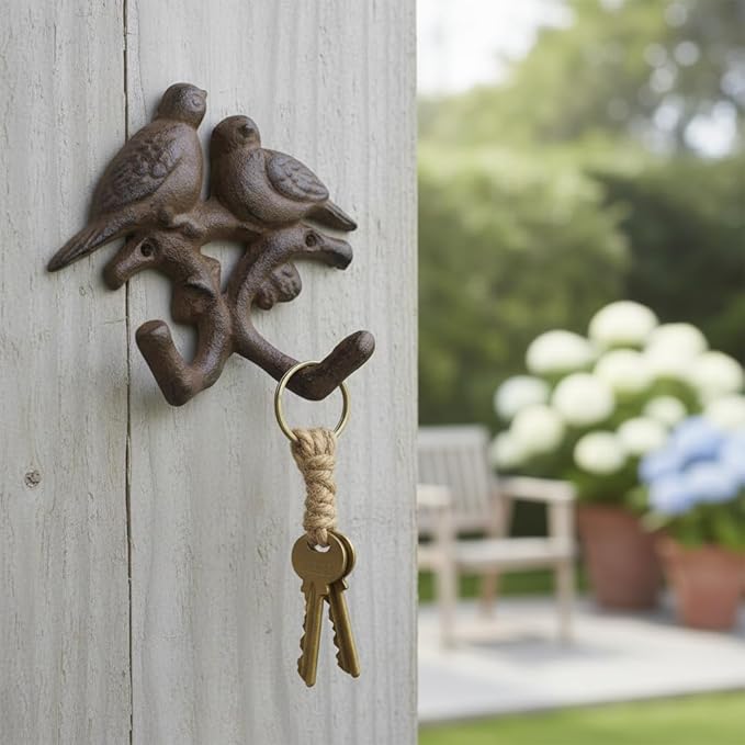 Comfy Hour 5.4" Heavy Duty Cast Iron Bird Wall Hook, Decorative Double Bird Key Holder for Wall, Rustic Animal Coat Rack for Entryway, Bathroom & Mudroom, Antique Brown Finish, 1 pc