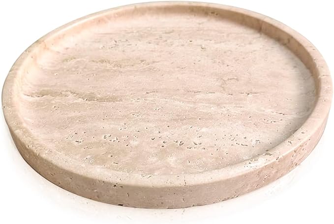 Natural Travertine Vanity Decorative Marble Tray, Candles, Perfume, Trinket, Marble Circle Vanity Trays for Bathroom, Dresser, Kitchen, Countertop Storage Organizer for Home Decor