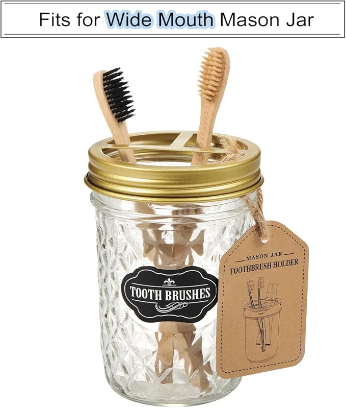 Mason Jar Bathroom Accessories Lids Set(4pcs) - Jars Not Included - Soap Dispenser, Apothecary Jars Lids for Regular Mouth Mason Jars, Wide Mouth Toothbrush Holder lid,-Stainless Steel,Gold