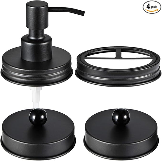 Mason Jar Bathroom Accessories Lids Set(4pcs) - Jars Not Included - Soap Dispenser, Apothecary Jars Lids for Regular Mouth Mason Jars, Wide Mouth Toothbrush Holder lid,-Stainless Steel,Black