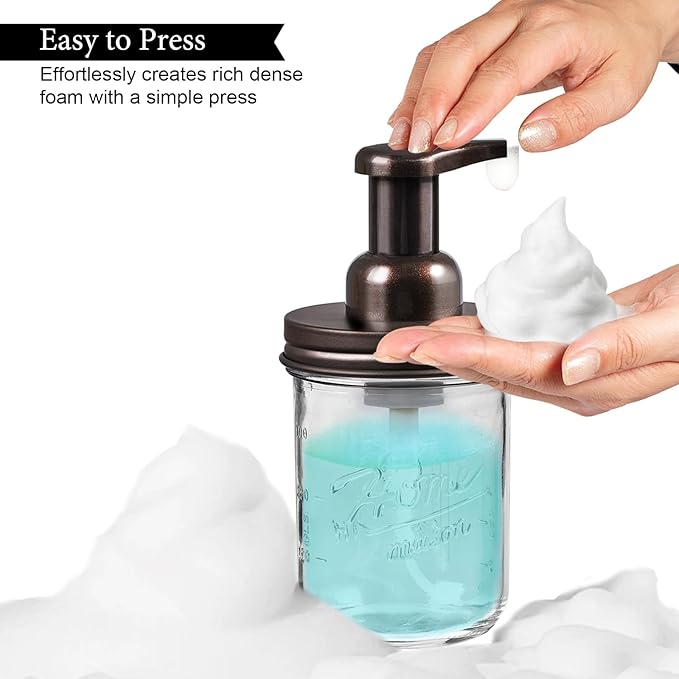 SheeChung Mason Jar Foaming Soap Dispenser, Glass Foaming Hand Soap Dispensers, Stainless Steel Lid, Refillable Foam Soap Dispenser for Bathroom Kitchen, Farmhouse Bathroom Decor (2 Pack, Bronze)