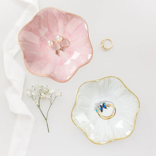 Ceramic Jewelry Dish, Jewelry Tray Key Tray,Small Ring Dish Holder Jewelry Plate Trinket Dish Catchall Tray Nightstand Decor For Table Room Decor SM (4.3 Inches, White + Pink)
