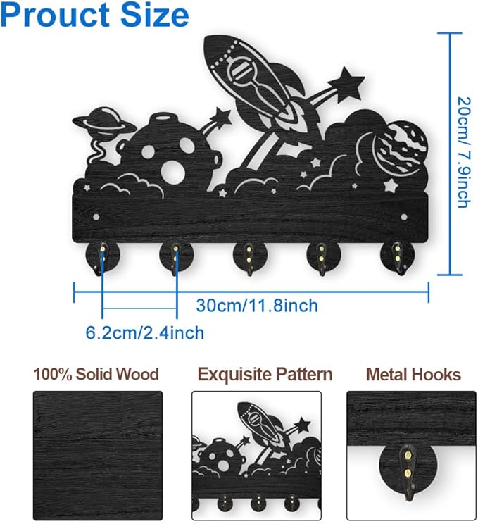 MAYJOYDIY Rocket Planet Coat Rack Wall Mount 11.8×7.9inch Wood Key Holder for Wall Key Hanger Mysterious Space Theme Key Hooks 5 Alloy Hooks Star Cloud Black Key Rack for Art Decor Entryway Gift