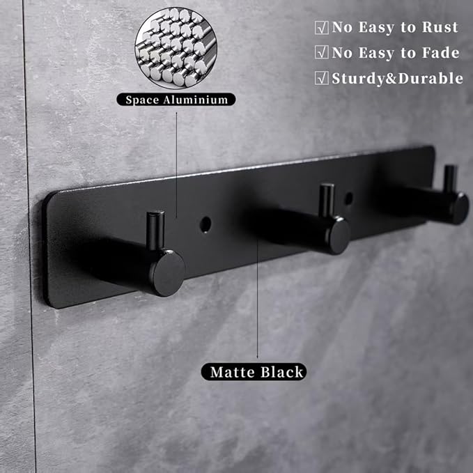 Adhesive Bathroom Black Hook Rail, 3 Matte Black Wall Key Hooks Rack Hanger Towel Robe Stick Door Hooks for Bathroom Toilet Entryway Hallway Kitchen Wall Mounted