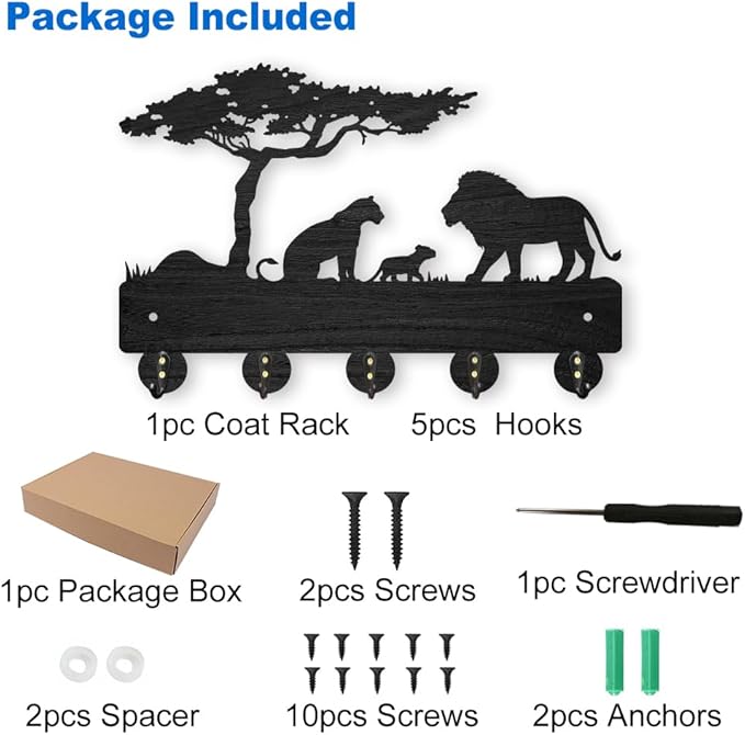 MAYJOYDIY Lion Prairie Tree Wooden Key Hooks Wall Mounted 11.8x7.9inch 5 Alloy Hooks Family Key Hanger Wildlife Animal Wall Art Decor Gift