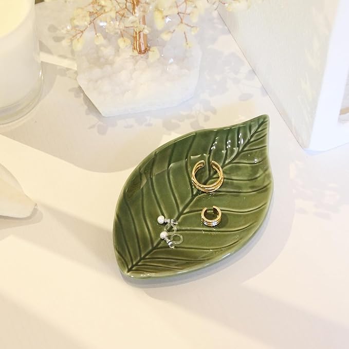 Jewelry Dish Trinket Tray for Women, Ring Dish Holder, Unique Leaf Shape Ceramic Plate Cute Things Vanity Aesthetic Room Decor Mother's Day Birthday Christmas Warm House Gifts (Green)