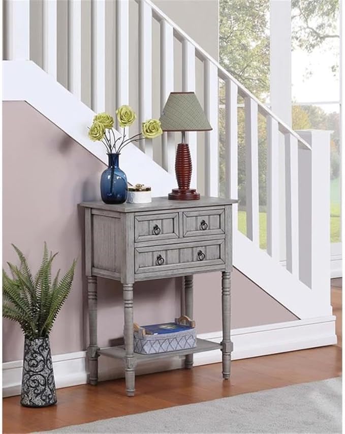 Convenience Concepts Kendra Entryway Hall Table 23.75" - 3 Storage Drawers, Traditional Console with Shelf for Decor, Office & Hallway Organizer, No Tools Assembly, Solid Wood, Wirebrush Light Gray