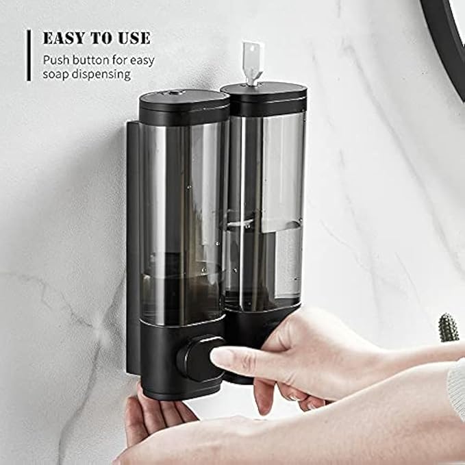 2-Chamber Soap Dispensers Wall Mount,400ml Bathroom Shower Dispenser,Press Manually Lotion Shower Soap Dispenser Use for Home,Bath,Kitchen,Hotels,Apartment,Restaurants(Black)
