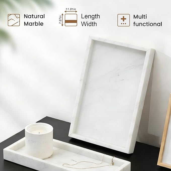 Natural Marble Tray, Stone Tray for Bedroom/Bathroom/Kitchen/Vanity Countertop, Jewelry Tray for Rings Earrings Necklace Bracelet Watch, Room Decor Aesthetic