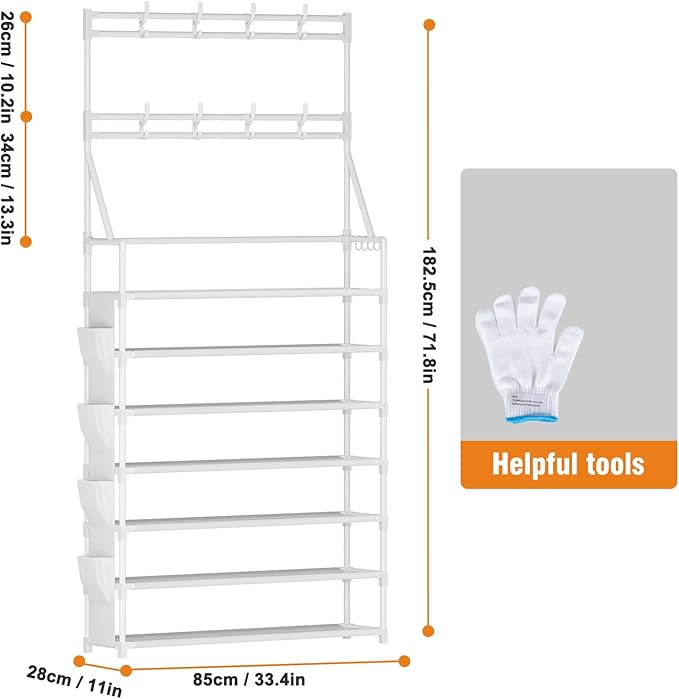 OYREL Shoe Rack 7 Tier Sturdy Shoe Racks for Closet Shoes Organizer for 28-35 Pairs Large Capacity Shoe Storage Rack with Multifunctional 5 Hooks and Side Pocket for Entrance Entryway