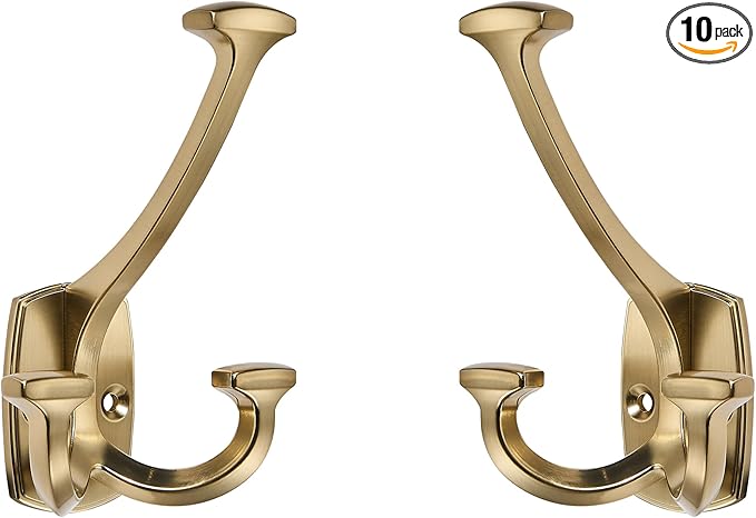 Large Wall Double-Sided Hook 10 Pack Champagne Brozne Hook Decorative Heavy Duty Solid Large Coat Hooks for Towel Hanging Coats Robe Towel Bags Door Back 2 Prong Hooks