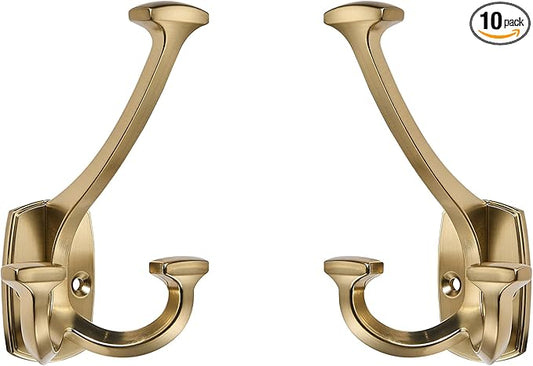 Large Wall Double-Sided Hook 10 Pack Champagne Brozne Hook Decorative Heavy Duty Solid Large Coat Hooks for Towel Hanging Coats Robe Towel Bags Door Back 2 Prong Hooks