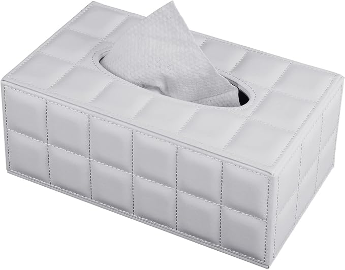 Tissue Box Cover Rectangle Tissue Box Holder PU Leather Facial Organizer with Magnetic Bottom,Decorative Napkin Caddy for Vanity Dresser Night Stand Table Countertop Home Office Car,White