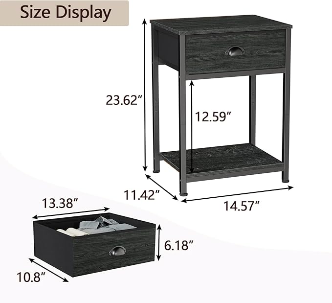 Nightstands Set of 4, Industrial End Table with Fabric Drawer&Storage Shelf, Small Bedside Table Organizer for Small Space, Side Table for Living Room, Tall 23.6" Night Stand for Bedroom, Black Oak
