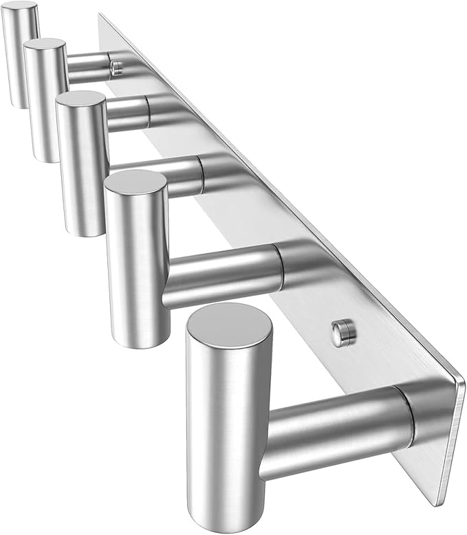 HUFEEOH Silver Coat Hooks Wall Mount, T Shaped 5 Hooks Stainless Steel Wall Hooks Towel Rack for Hanging, Heavy Duty Key Holder Hat Rack Used for Bathroom