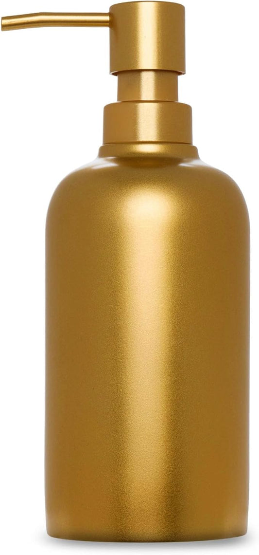 Gold Soap Dispenser for Kitchen & Bathroom – 15 oz Refillable Resin Pump Bottle for Dish Soap, Hand Soap, Shampoo, Conditioner – Modern Countertop Dispenser with Non-Slip Protective Pads