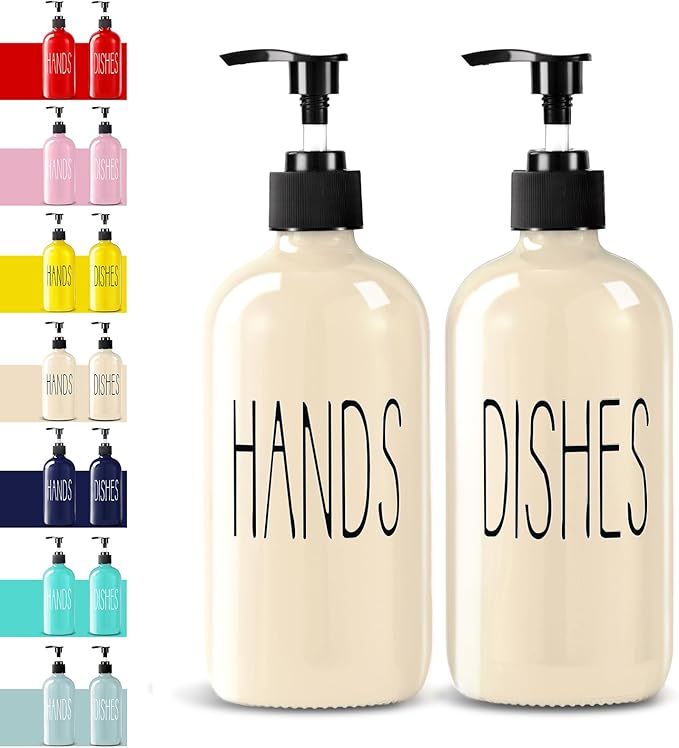 Glass Soap Dispenser Set 2 Pack,16 Oz Dish Soap Dispenser for Kitchen Sink,Beige Kitchen Accessories and Kitchen Decor,Beige Decorations and Kitchen Utensils for Kitchen