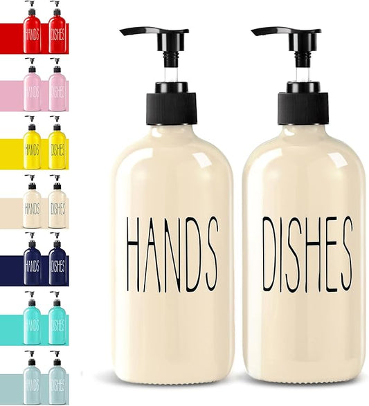 Glass Soap Dispenser Set 2 Pack,16 Oz Dish Soap Dispenser for Kitchen Sink,Beige Kitchen Accessories and Kitchen Decor,Beige Decorations and Kitchen Utensils for Kitchen