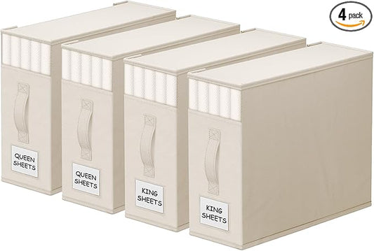 4 Pack Bed Sheet Closet Organizers and Storage,Sturdy Foldable Storage Containers with Window and Label,Storage and Organization for Bedding Sheets,Duvet Covers,Blankets (Beige)