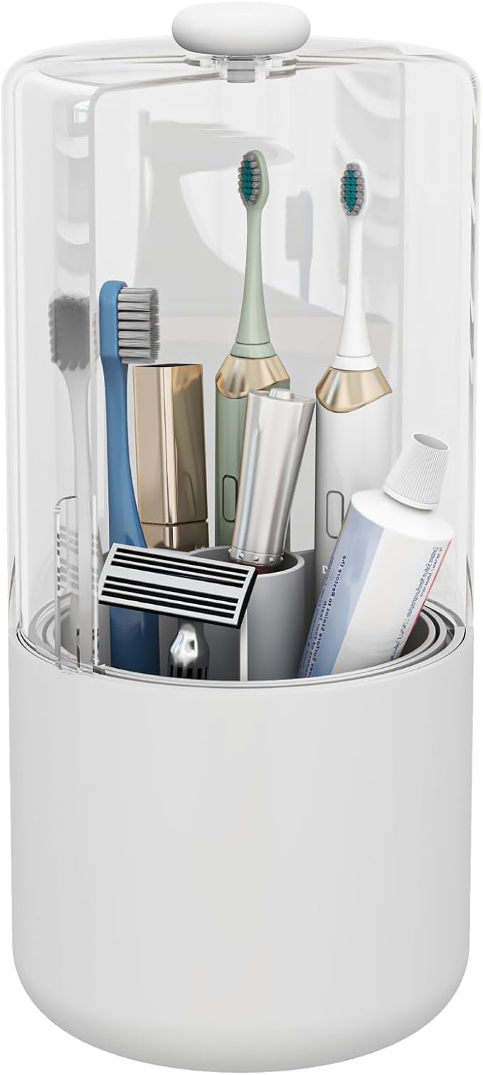 Toothbrush Holder with Cover 360 Rotating 4 Compartments Bathroom Toothpaste Electric Toothbrush Organizer, White