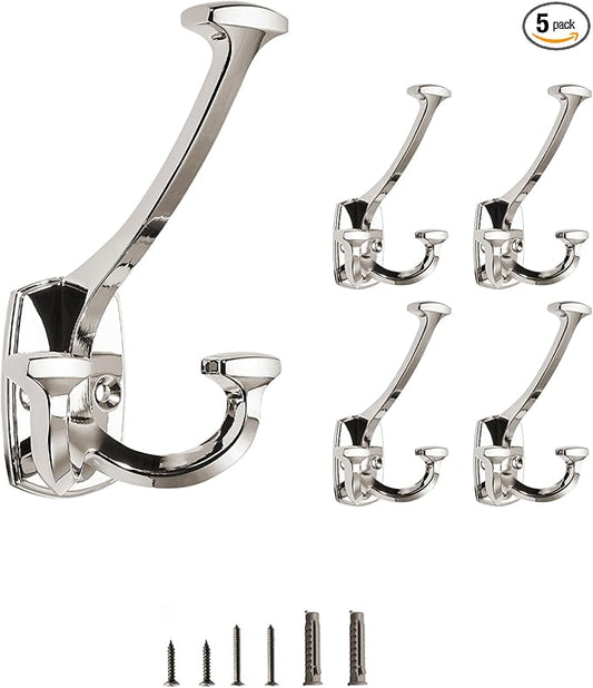 Polished Nickel Hooks Large Wall Mounted Decorative Solid Heavy-Duty Double-Sided Coat Hooks for Hanging Towels Coats Robes Towels Bag Bathroom Wall Hooks (5 Pack)