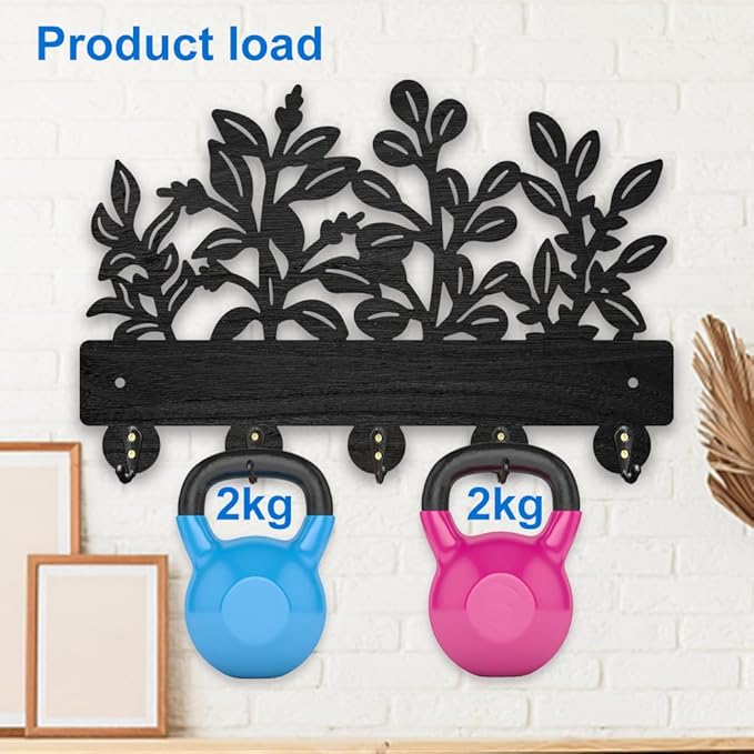 MAYJOYDIY Wooden Leaf Pattern Key Hook Wall Mounted Nature Plant Themed Key Holder for Wall 11.8×7.8 inch Black Art Key Hanger Rack with 5 Alloy Hooks for Entryway Bedroom Living Room Home Decor