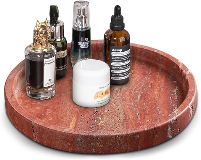 Natural Travertine Tray for Bathroom Countertop & Coffee Table, Round Stone Serving Dish with Marble Finish (Red, 9.84")