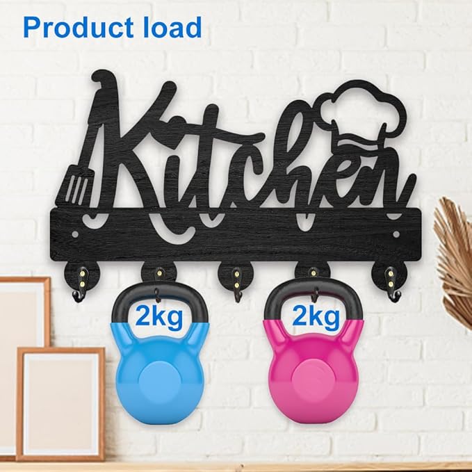 MAYJOYDIY Wooden Kitchen Key Holder for Wall 11.8×7.1 inch Chef Hat Kitchenware Wall Mounted Key Hook Rack with 5 Alloy Hooks for Entryway Restaurant Kitchen Home Art Decor