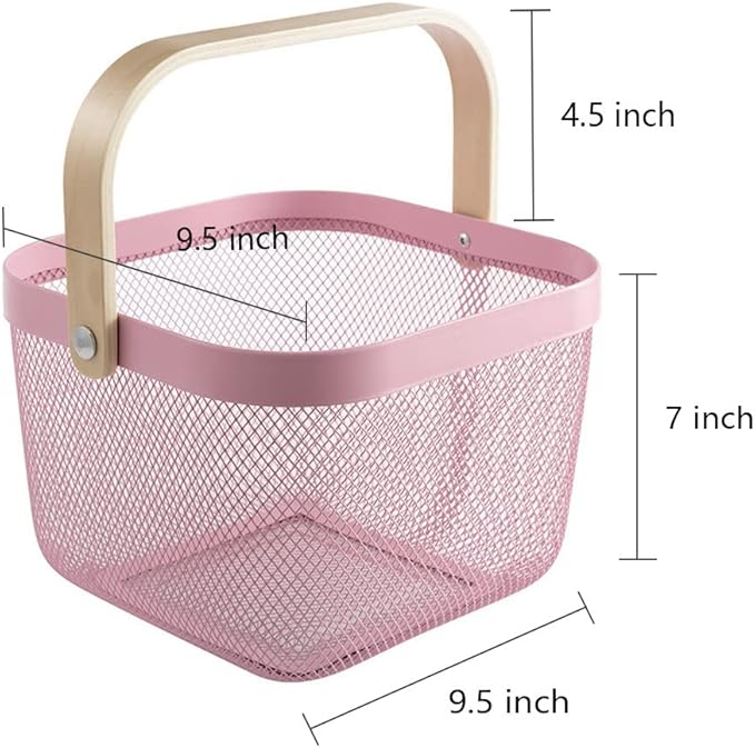 Mesh Steel Storage Organizer Basket Fruit Basket Bin with Wood Handle Ideal for Kitchen Bathroom Picnic Baskets Pantry Cabinets Storage Home Decor (Pink)
