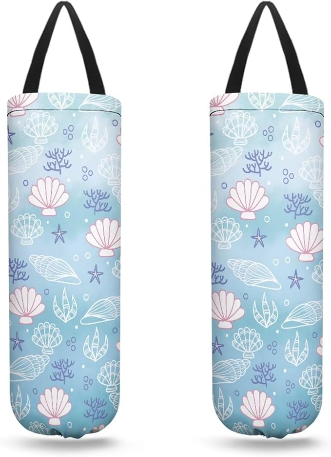 Hanging Plastic Bag Holder Dispenser Set of 2 Reusable Wall Mount Hanging Plastic Bag Storage Organizer for Grocery Bags,Marine Conch Starfish
