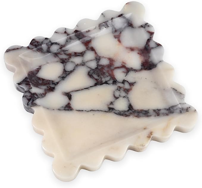 Elegant Square Marble Decorative Tray with Scalloped Edge Natural Stone Vanity Tray Organizer for Counter, Vanity, Dresser, Nightstand, Bathroom & Kitchen Sink(Calacatta Viola)