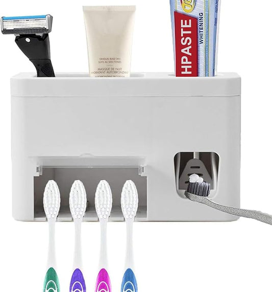 Toothpaste Dispenser Toothbrush Holder Set, Toothpaste Squeezer Tooth Brush Holder Set Holder with Anti-dust Cover, 3-in-1 Wall Mounted Holders with 1 Storage Grids Bathroom Accessories