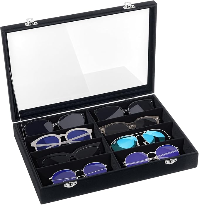 Emibele Glasses Organizer Jewelry Tray, 8 Grids with Clear Lid Velvet Tray Watch Storage Stackable Jewelry Showcase Display Storage with Detachable Inner Dividers, Black