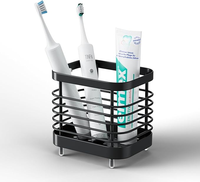 Black Electric Toothbrush Holder for Bathroom, Toothpaste Caddy Organizer Storage with Drainage, Stainless Steel Kids Tooth Brush Stand for Countertop Sink, Bathroom Accessories Decor