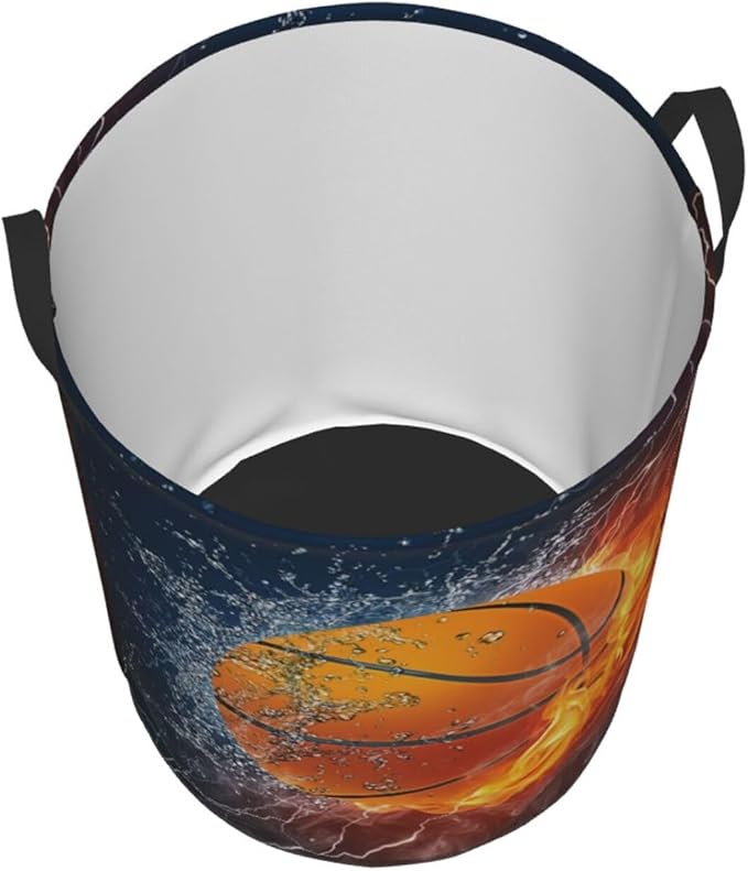 Sport Basketball Ball In Fire And Water Round Laundry Hamper Storage Basket Toys Clothes Organizer Bin For Home Bathroom Bedroom Dorm Nursery, 62l