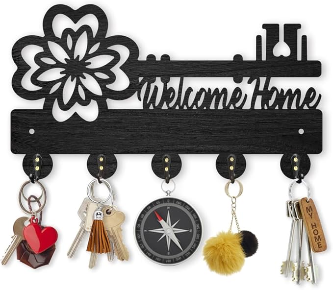 MAYJOYDIY Vintage Flower Key Holder for Wall 11.8×6.7inch Decorative Welcome Home Key Hooks 5 Alloy Hooks Key Hanger for Entryway Hallway Gift