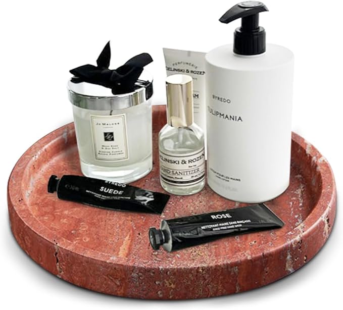 Natural Travertine Tray for Bathroom Countertop & Coffee Table, Round Stone Serving Dish with Marble Finish (Red, 8")
