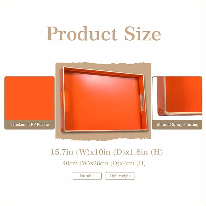Zosenley Decorative Tray, Rectangular Plastic Tray with Handles, Modern Vanity Tray and Serving Tray for Bathroom, Kitchen, Ottoman and Coffee Table, 15.6â x 10.2â (Orange)
