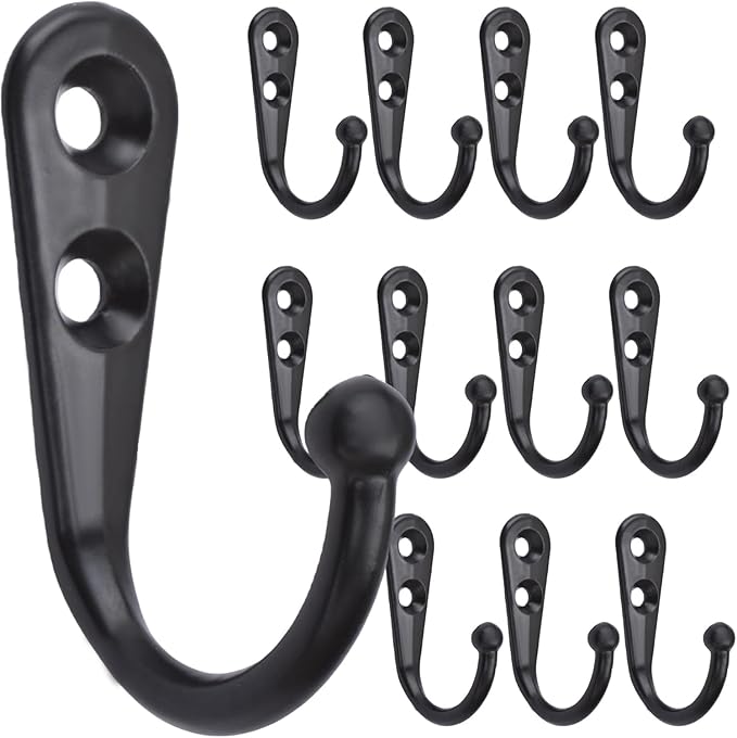 12 Pack Black Coat Hooks Wall Mounted, Rustproof Zinc Alloy Metal Hooks for Hanging Coats, Heavy Duty Utility Key Holder Hooks with Screws for Bathroom, Entryway, Kitchen, Hat, Towel, Cup, Robe