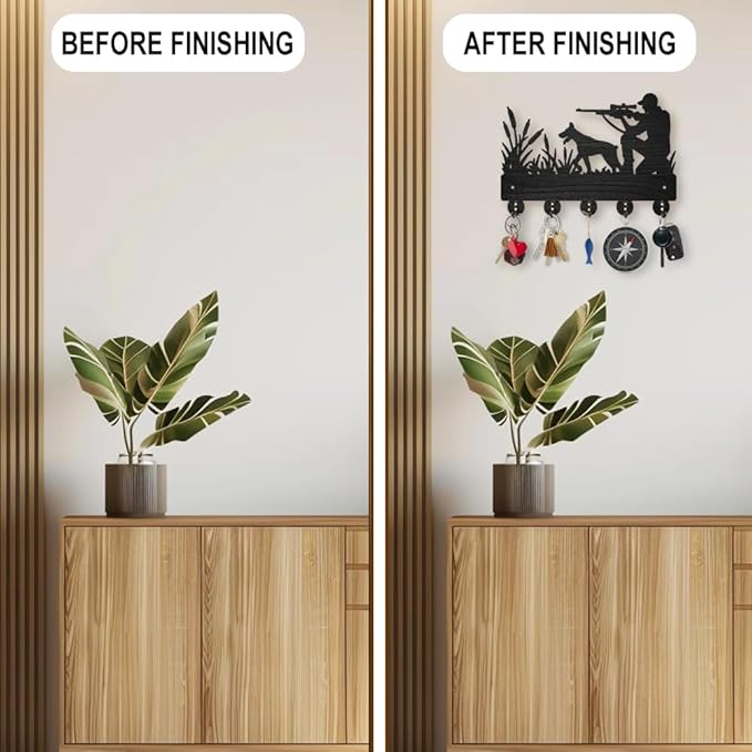 MAYJOYDIY Hunter Hunting Hound Coat Rack Wall Mounted Wood Man Dog Animal Reed Key Hooks for Wall 11.8×7.9inch Black Key Holder Hanger Wall Art Decor 5 Alloy Hooks for Gift Hallway Entryway Kitchen