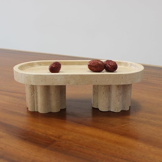 Natural Travertine Marble Oval Tray with 2 Legs, 10" Vanity Decorative Tray for Countertop Organizer, Catchall Tray for Perfume, Candles, Jewelry Dishv