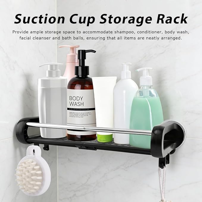 Strong Suction Cup Shower Caddy, Shower Shelf for Home Storage, No-Drilling Removable Bath Organizer Suction Powerful Heavy Duty, Wall Mounted Easy Install, With Shampoo Brush