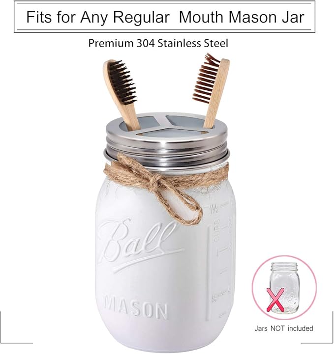 Mason Jar Bathroom Accessories Lids Set(4pcs) -Jars Not Included -Soap Dispenser,Toothbrush Holder,and Apothecary Jars Lids for Regular Mouth Mason Jars -Rustic Farmhouse Decor, Brushed Nickel