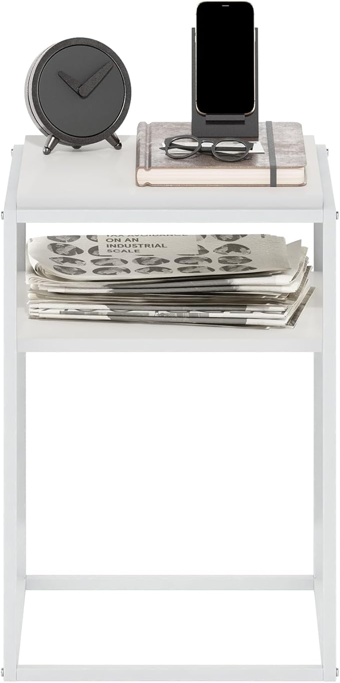 Furinno Moretti Side Table, 2-Tier Stackable Metal Frame End Table with Open Shelf, Night Stand, Bedside Table, Toolless Assembly, for Living Room, Bedroom, Solid White