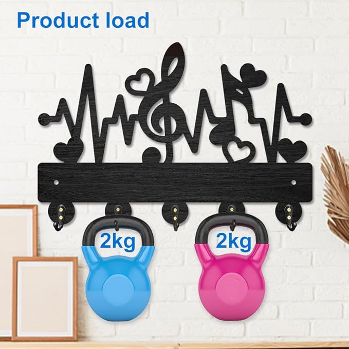 MAYJOYDIY Music Notes Wood Key Holder for Wall Love ECG Musical Wall Mounted Key Hooks 11.8×7.9inch Coat Hanger Rack with 5 Alloy Hooks for Entryway Front Door Kitchen Office Decoration
