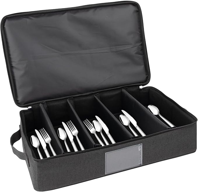 Flatware Storage Case-5 Compartment Silverware Storage Container Box with Removable Lid and Easy to Carry Handles,Cutlery Storage Holder with Zipper Lid for Organizing Cutlery