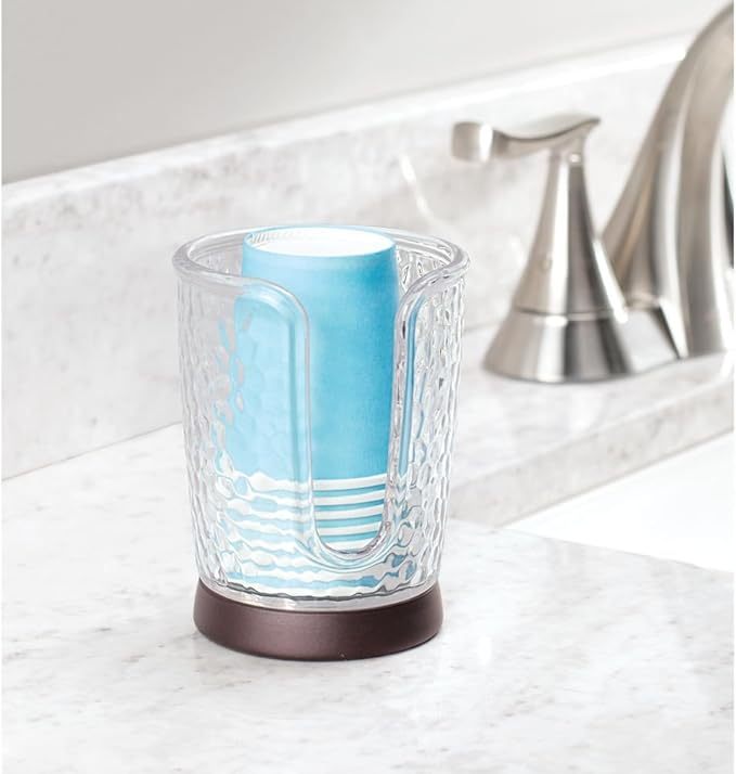 mDesign Plastic/Steel Compact Small Disposable Paper Cup Dispenser Storage Holder for Rinsing Cups on Bathroom Vanity Countertops - Rain Collection - Clear/Bronze