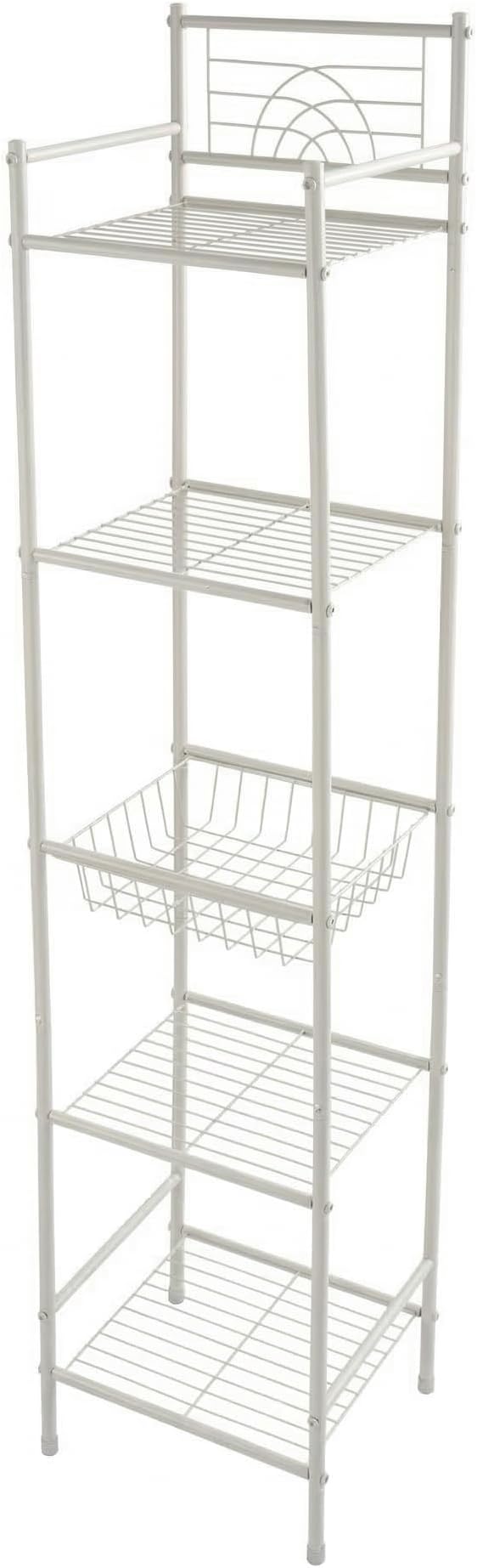 Bath Bliss 5 Tier Freestanding Bathroom Storage Shelf, White Metal Organizer Rack | Rust Resistant Space Saving Bathroom Stand | Toilet Paper Towel Holder | Bathroom Organizer for Small Spaces
